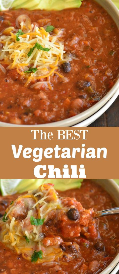 This Vegetarian Chili might be meatless but it is just as hearty, flavorful, and comforting. Chili is loaded with fresh vegetables, three kinds of beans, and of course, flavorful and aromatic spices. #chili #easydinner #vegetarian #glutenfree #vegan #meatless Vegetarian Chili Recipe, Veggie Chili, Kinds Of Beans, Chilli Recipes, Tasty Vegetarian Recipes, Vegetarian Dinners, Chili Recipe, Meatless Meals, Veggie Dishes