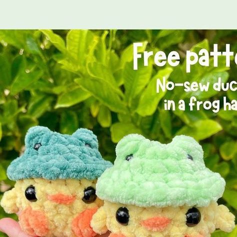 Duck With Frog Hat Crochet Pattern Free, Chunky Duck Crochet Pattern, How To Crochet A Frog Plushie, Crochet Duck With Frog Hat, Crochet Duck Hat Pattern Free, Free Crochet Patterns Videos, Crochet Ducky Pattern Free, Crochet Duck In Dino Costume, Crochet Duck With Hat