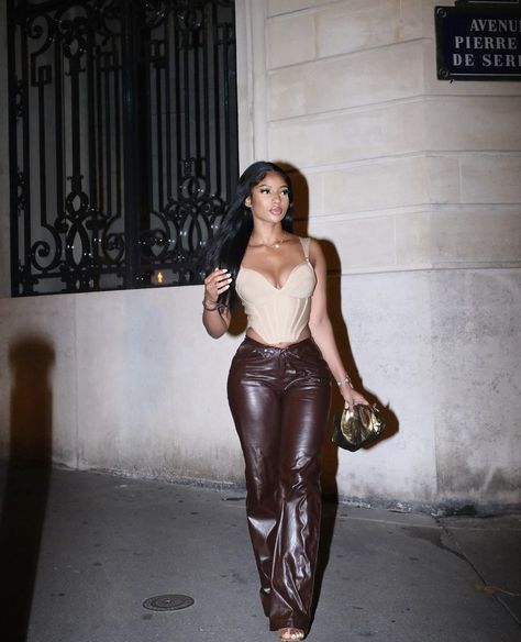 Brown Outfit Going Out, Brown And Gold Outfits For Black Women, Brown Jumpsuit Outfit Black Women, Brown Dinner Outfits Black Women, Nude Brunch Outfit Black Woman, Shades Of Brown Party Outfits, Brown And Nude Outfit, Brown Brunch Outfit, Nude Outfit Black Women