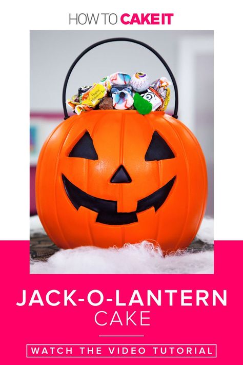 Halloween Jack-O-Lantern Cake | Create this fun cake for a perfect dessert and decoration at your Halloween party! Bake it up using our step by step recipe and video tutorial today! | How To Cake It #Recipe #dessert #Halloween Bucket Cake, Jack O Lantern Cake, Reeses Cake, Spooky Sweets, How To Cake, Pumpkin Pail, Ultimate Chocolate Cake, Dessert Halloween, Vanilla Mug Cakes