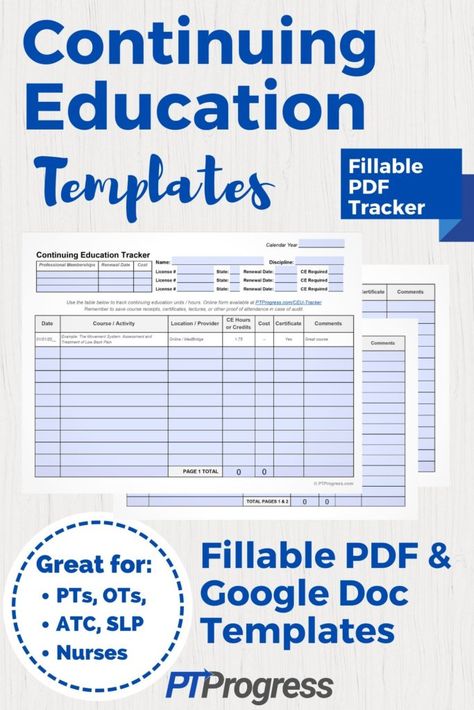 This is how I track all my continuing education as a Physical Therapist. Feel free to download my CE tracker (fillable PDF or Google Doc).  Perfect for Nursing CEUs, PT/OT, SLP, ATC, and other medical professionals. Athletic Therapy, Google Sheet Template, Career Ideas, Education Certificate, Tracker Free, School Slp, Google Doc, Education Templates, Bookmark Template