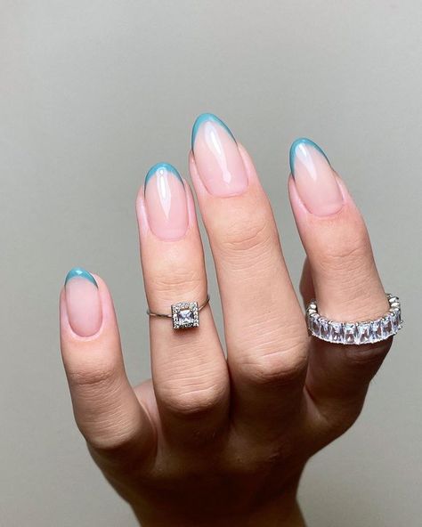 Light Blue French Tip Nails Almond, Dusty Blue Nails Wedding, Teal French Tip Nails, French Winter Nails, Light Blue French Tip Nails, Nails Short French, Blue French Manicure, Blue French Tip Nails, Blue Nail Polish Colors