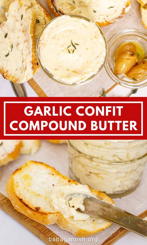 This one is for the garlic lovers! This garlicky compound butter uses garlic confit or roasted garlic combined with salted butter. The BEST butter for toast and appetizers! This is a great recipe if you have lots of garlic cloves to use up. Use garlic butter anywhere you use regular butter that can benefit from some garlic flavor. Cloves Recipes, Roasted Garlic Recipe, Confit Recipes, Flavored Butter Recipes, Butter Recipes Homemade, Compound Butter Recipe, Garlic Confit, Roasted Garlic Cloves, Garlic Benefits