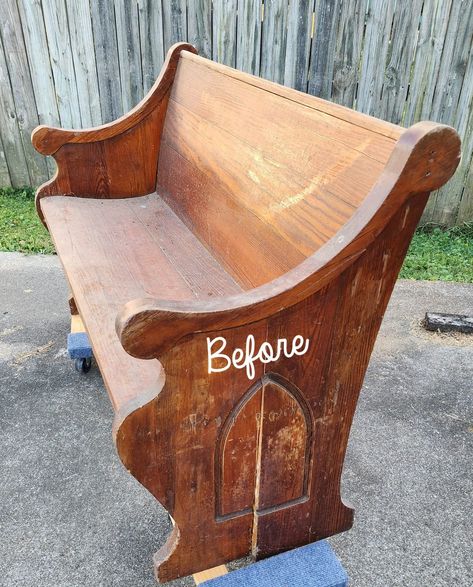 Shabby Chic Bench Ideas, Painted Pew Bench, Painted Pews In Homes, Front Porch Pew Bench, Entryway Bench Makeover, Pews In Homes, Pew In Entryway, Old Church Pews Ideas, The Tattered Pew