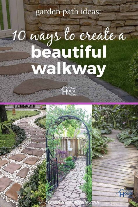 These beautiful garden path ideas provided so much inspiration for my backyard walkway. I made the DIY stepping stones but there's lots of other options for brick, wooden, mulch, grass, stone, and flagstone paths that will make your garden design look beautiful. #fromhousetohome #gardenpaths #pathsandwalkways #walkways #diyprojects #gardendesign Mosaic Walkway, Garden Path Ideas, Gravel Walkway, Stone Garden Paths, Flagstone Walkway, Flagstone Path, Backyard Walkway, Walkway Design, Path Ideas