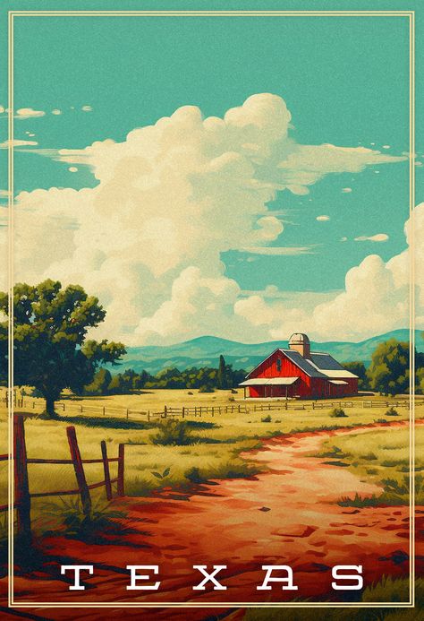 This captivating artwork transports you to the picturesque landscapes of Texas, where the rugged beauty of the countryside comes to life. A rustic barn stands proudly amidst the vast expanse of a Texas ranch, exuding a sense of timeless charm. Vintage Texas Posters, Texas Illustration Art, Texas Aesthetic Wallpaper, Ranch Illustration, Texas Background, West Texas Landscape, Texas Wallpaper, Texas Countryside, Texas Vibes