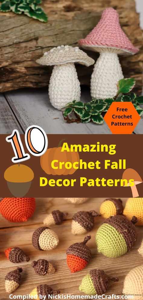 Knit Autumn Decor, Fall Crochet Home Decor Patterns, Knitted Fall Decorations, Autumn Crochet Free Patterns, Crochet Autumn Decor Free Pattern, Crochet For Kindergarten, Easy Crochet Fall Decor, Fall Decor Crochet Patterns, Crochet Fall Decor Patterns