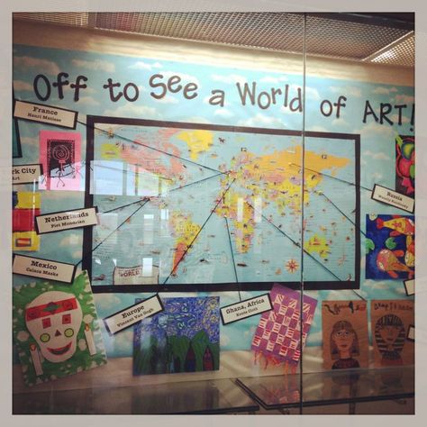 art around the world.  I'd love to change this to "Off to See a World of Music" and highlight unusual instruments from various countries. Art Show Themes Elementary, Artist Of The Month Bulletin Board, Unusual Instruments, Travel Classroom, Classroom History, Art Around The World, Art Room Doors, Travel Theme Classroom, Multicultural Art