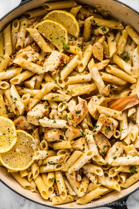 PIN TO SAVE! This lemon chicken pasta is creamy, flavorful, and has just the right bright/tart lemon taste. It's an easy, 35-minute dinner recipe you don't want to miss! #theendlessmeal #pasta #lemonpasta #lemonchickenpasta #chicken #lemon #lemonchicken #chickenpasta #easymeals #healthymeals #pastadinner #pastarecipes #chickenrecipes #glutenfree #sugarfree Lemon Chicken With Pasta, Easy Creamy Lemon Chicken, Lemon Pepper Chicken Pasta, Pasta Recipe Easy, Chicken With Pasta, Healthy Chicken Alfredo, Lemon Chicken Pasta, Chicken Lemon, Chicken And Pasta