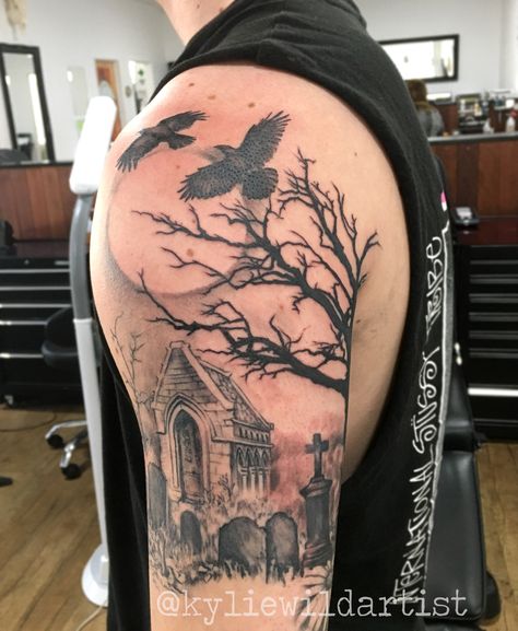 Graveyard, tree, crows, moon, tombstones, tattoo sleeve in progress by Kylie Wild Heslop, Canberra, Australia based Tattoo Artist Halloween Tree Tattoo, Tattoo Tombstone, Graveyard Tattoo Design, Headstone Tattoo, Graveyard Tattoos, Cemetery Tattoo, Tombstone Tattoo, Graveyard Tattoo, Scene Tattoo