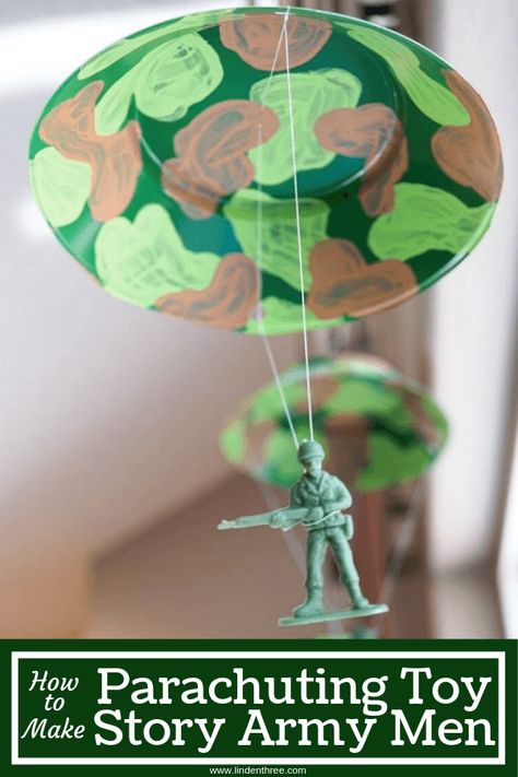 Learn How to Make Parachuting Toy Story Army Men for an army or Toy Story themed party! Just a few materials to include this unique detail, a great ceiling decoration. #toystoryparty #armymen #toystorydecorations Toy Story Army Men Decorations, Army Crafts For Kids, Toy Story Army Men, Army Decorations, Army Party Decorations, Toy Story Game, Toy Story Food, Toy Story Decorations, Camp Vbs