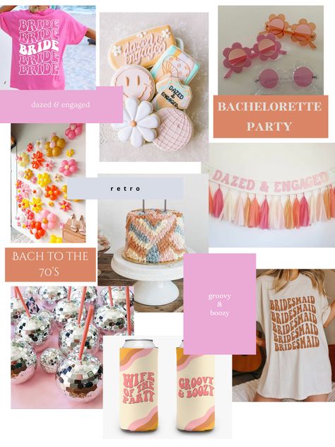 70s Aesthetic Bachelorette, Groovy Bride Bachelorette, Love In Bloom Bachelorette Party, Hippy Bachelorette Party Ideas, Flower Child Bachelorette Party, Floral Bachelorette Party Theme, Retro Bachelorette Party Decor, Bachelorette Party Mood Board, Groovy And Boozy Bachelorette