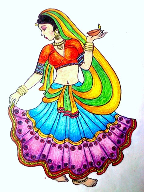 finally...got somethg up... Diwali Drawing, Very Easy Rangoli Designs, Rajasthani Art, Fabric Painting Techniques, Saree Painting, Dancing Drawings, Fabric Painting On Clothes, Scene Drawing, Birds Embroidery Designs