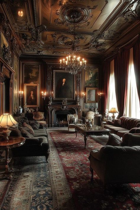 Old Money Homes, Old Money Living Room, Old Victorian Homes Interior, Old Mansions Interior, Grand Fireplace, Gothic Manor, Old Money House, World Tapestry, Drawing Room Design