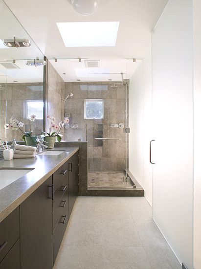 Long double vanity, rectangular sinks. Rectangular Bathroom Design, Glass Door Shower, Feldman Architecture, Master Bath Layout, Bath Layout, Remodeling Trends, Ranch House Designs, Glass Shower Doors Frameless, Rectangular Bathroom