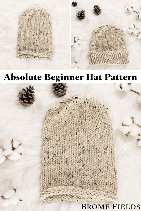 multiple pics of an easy knit hat displayed on faux fur blanket Knitted Beanie Pattern Free Beginner, Knitting A Hat In The Round, Easy Knit Hat Pattern Free, Easy Knit Beanie, Cable Knit Hat Pattern, Beanie Pattern Free, Easy Knit Hat, Knitting In The Round, Beanie Knitting Patterns Free