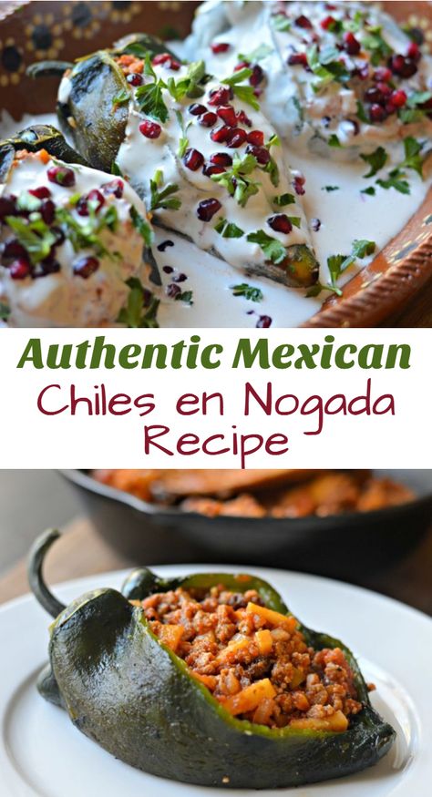 Inside: Keep reading to find out how to make this delicious chiles en nogada recipe; made with poblano peppers, stuffed with seasoned ground beef, and smothered in a delicious, creamy salsa Mexican Chiles, Poblano Peppers Recipes, South American Recipes, Mexican Appetizers, Chile Poblano, Mexican Dinner Recipes, Mexican Foods, Mexican Dessert, Food Saver