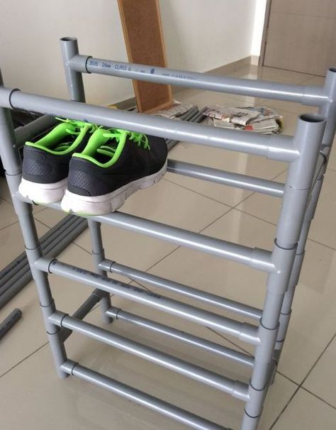 23+ Awesome DIY PVC Pipe Storage & Organizing Projects For 2021 Rak Sepatu Diy, Pvc Shoe Racks, Pvc Pipe Storage, Diy Shoe Rack Ideas, Reka Bentuk Bilik Tidur, Pvc Furniture, Ideas Closet, Pvc Pipe Crafts, Diy Shoe Rack