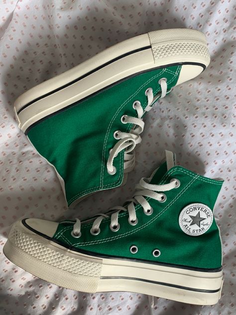 Shoe Inspo Green High Top Platform Converse, Green Hightop Platform Converse, Dark Green Platform Converse, Amazon Green Converse, Green Shoes Aesthetic, Green Platform Converse, Green Converse High Tops, Platform High Top Converse, High Top Platform Converse