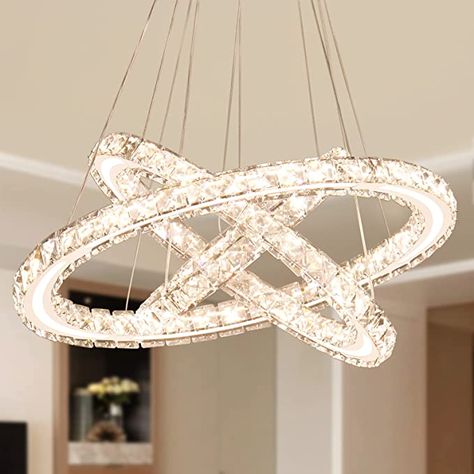 Dixun LED Big Crystal Chandeliers Modern 5 Rings Pendant Light Adjustable Ceiling Light for Bedroom Dinning Room Kitchen (Warm White) - - Amazon.com Aesthetic Chandelier Bedroom, Light Fittings Bedroom, Chandelier Bedroom Ideas, Modern Crystal Chandelier Bedroom, Bedroom Lighting Ideas Hanging, Hanging Lights In Bedroom, Kitchen Lighting Ideas Over Island, Aesthetic Chandelier, Princess Chandelier