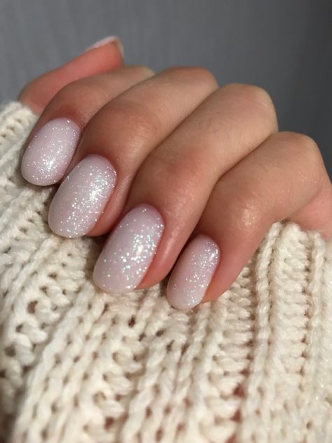 Sparkly Xmas Nails, White Sparkles Nails, Sparkly White Nails Short, Sparkling White Nails, White Sparkle Christmas Nails, Neutral Christmas Nails Short, Pink And White Sparkle Nails, Short Nye Nails, Milky White Sparkly Nails