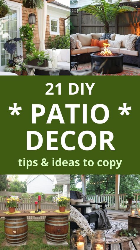 Transform your patio into a cozy retreat with these 21 creative DIY decorating ideas that will make your outdoor space shine. Outdoor Patio Ideas On A Budget Decor, Patio Hangout Ideas, Rustic Deck Decorating Ideas, Patio Storage Ideas Diy, Small Patio Diy Ideas, Back Porch Ideas On A Budget, Enclosed Patio Decorating Ideas, Outside Patio Ideas On A Budget, Small Back Deck Decorating Ideas