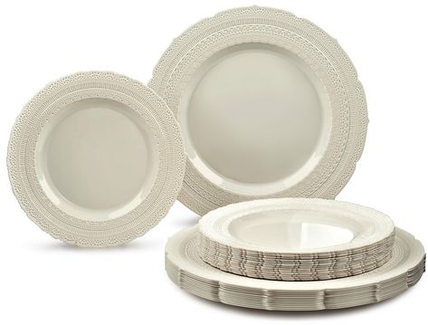 PRICES MAY VARY. Extra Strong Heavyweight Premium Disposable Plastic Plates. " Chateau" is an Exclusive High end new mold, developed by Occasions. Looks like real china. Ideal for holidays, large gatherings, weddings and special events, where you want an elegant and fancy look with the convenience of disposable. 50 Plates pack Includes: 25 x 11'' Dinner Plate + 25 x 8.25'' Appetizer/Dessert plates Design / Color : Chateau in Plain Ivory Designed as disposable plates, but because of it's thicknes Gold Plastic Plates, Plastic Dinnerware Sets, Gold Silverware, Gold Cutlery Set, Paper Plates Wedding, Disposable Plastic Plates, Palm Leaf Plates, Vintage Wedding Party, Plastic Silverware