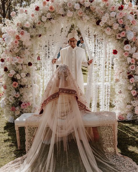 Absolutely in love with all the stunning photos from Rawnak & Shagota’s Nikkah ceremony. Such a beautiful moment captured as Rawnak sees his gorgeous wife for the first time ❤️ Styling, flowers and decor by @museweddingsandevents Bride by @shay.gotya Photography by @shutterstories.au Make up by @mariamzafarbridal Venue @growwild.weddings Nikkah Flower Partition, Outside Nikkah, Nikkah Partition, Backyard Nikkah, Nikkah Photoshoot, Nikkah Ceremony, Styling Flowers, Qubool Hai, Beautiful Moments