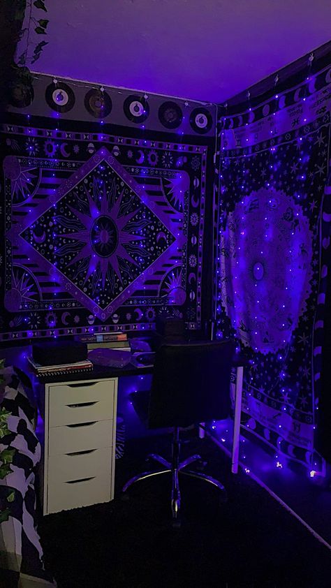 Aesthetic room purple indie grunge led lights fairy lights ikea desk Room Ideas Aesthetic Black And Purple, Purple Fairy Lights Aesthetic, Room Ideas Aesthetic Light Purple, Purple Grunge Bedroom, Dark Purple Room Aesthetic Bedroom, Purple And Black Bedroom Aesthetic, Fairy Grunge Aesthetic Room Decor, Purple Themed Room Aesthetic, Dark Grunge Room Ideas