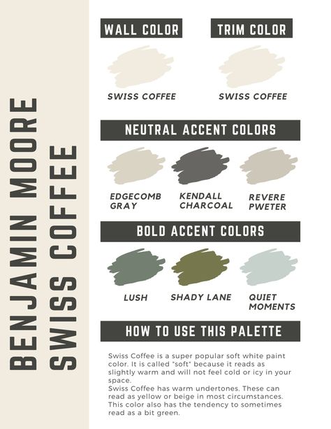 Benjamin Moore Swiss Coffee paint color palette Revere Pewter Palette, Revere Pewter Color Palette, Revere Pewter Color Scheme, Revered Pewter Color Scheme, Swiss Coffee Paint Color, Swiss Coffee Benjamin Moore, Pewter Benjamin Moore, Swiss Coffee Paint, Coffee Paint