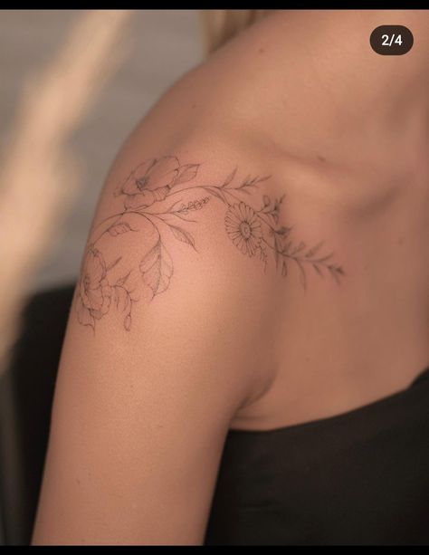 Dainty Floral Shoulder Tattoo, Delicate Flower Shoulder Tattoo, Dainty Floral Back Tattoo, Dainty Botanical Tattoo, Elegant Shoulder Tattoo, Poppy Shoulder Tattoo, Fine Line Shoulder Tattoos For Women, Flowers On Shoulder Tattoo, Delicate Shoulder Tattoo