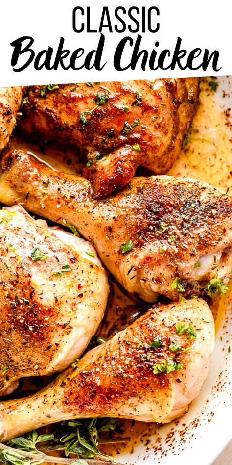 Simple, wholesome, and full of flavor, these Classic Baked Chicken Pieces are coated in a smoky seasoning blend and roasted up tender and real juicy! Sunday Baked Chicken, Baked Chicken Oven Recipes, Classic Baked Chicken, How To Season Baked Chicken, Soul Food Baked Chicken Recipes, Best Baked Chicken Seasoning, Baked Chicken Bone In Recipes, Oven Roast Chicken Pieces, Savory Baked Chicken Recipes