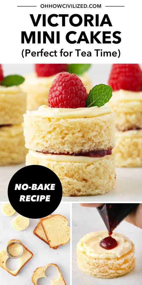 This easy, no-bake recipe is inspired by classic Victoria Sponge Cakes. These adorable 6-ingredient mini cakes are quick to assemble and perfect for afternoon tea. #afternoontea #teacakes #victoriaspongecake High Tea Food Recipes, Tea Party Food Ideas For Adults Simple, Easy High Tea Food, Tea Cookie Recipes, Tea Party Cupcakes Ideas, Bridgestone Party, Tea Party Cake Ideas, Last Minute Desserts, Afternoon Tea Menu Ideas