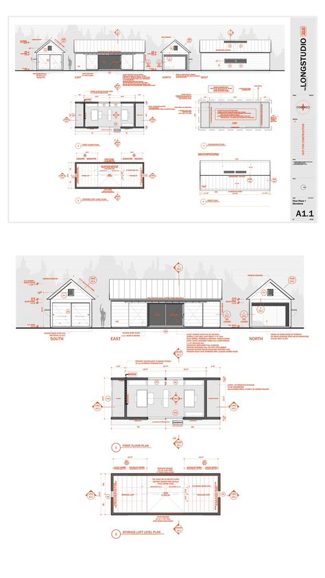 Architectural floor plan at top with an enlarged view of the elevations and plans below. Technical Drawings Architecture, Construction Plan Drawing, Working Drawings Architecture, Roof Plan Architecture Drawing, Revit Template, Autocad Template, Plan With Elevation, Architecture Portfolio Examples, Elevation Architecture