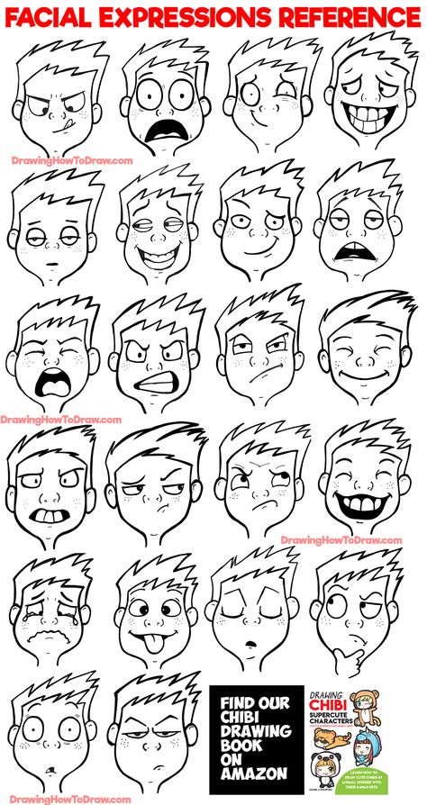 Facial Expressions and Silly Cartoon Faces Reference Sheet - How to Draw Step by Step Drawing Tutorials Facial Expression Reference, Facial Expressions Reference, Expressions Reference, Funny Face Drawings, Expression Reference, Silly Cartoon, Faces Reference, Cartoon Faces Expressions, Facial Expressions Drawing