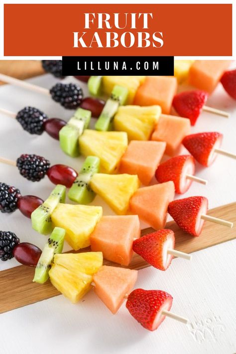 Colorful fruit kabobs are the best appetizer or side for any occasion! Load up your favorite fruits and get snacking. #fruitkabobs #fruit #kabobs #appetizer #partyrecipes Fruit Squewers, Halloween Skewers, Nutella Fruit Dip, Cheesecake Fruit Salad, Veggie Kabobs, Veggie Cups, Best Appetizer, Fruit Ideas, Strawberry Salsa