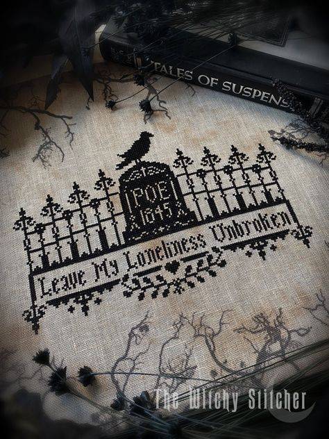 Edgar Allan Poe ~ The Raven Leave My Loneliness Unbroken Cross Stitch Pattern Created for the 2022 Edgar Allan Poe box for Starlight Stitchery. It is well known that I love 310...so this design isn't really a shocker. I had fun making this pattern and trying something a little different. I hope you like it too! Finished stitch area on 14 aida is 10.13 inches wide by 6.25 inches high. ★This listing is for the pattern only. No physical item will be sent. It is an instant download PDF. ★The stitched image is 141w x 88h stitches. This pattern uses full stitches only. ★If you have any questions about this pattern, please contact me. © 2022 TheWitchyStitcher Finished stitches from purchased patterns and kits may NOT be sold, they are for personal use only.  Follow me on IG @thewitchystitcher 🖤 Witchy Stitcher, Edgar Allan Poe The Raven, Poe The Raven, Gothic Cross Stitch, Modern Poetry, Stitch Stuff, Halloween Cross Stitch Patterns, Gothic Crosses, Halloween Cross Stitches