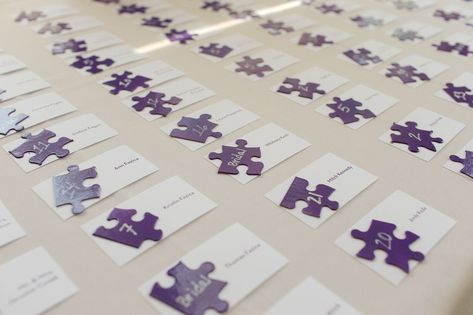 Continuing with the puzzle piece theme, Dan and Helen used puzzle pieces as place cards and guests found their tables by finding their place cards' matching puzzle pieces at their tables. Byron Wedding, Puzzle Theme, Puzzle Party, Puzzle Crafts, School House Rock, Inspirational Photos, School House, Puzzle Piece, Kids Church