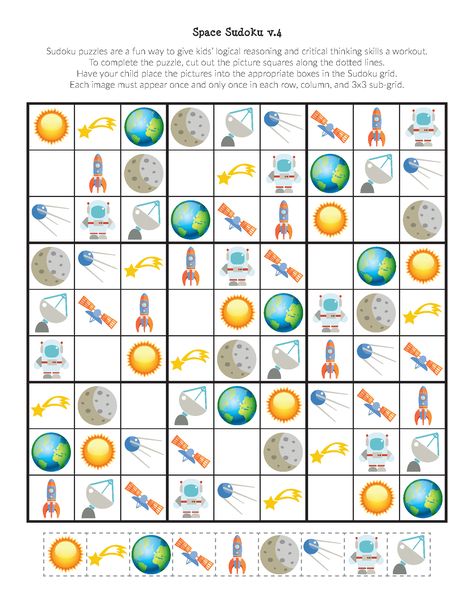 Free printable Space Sudoku Puzzles for space loving kids in preschooler through second grade. What a great way to stimulate critical thinking skills! || Gift of Curiosity Space Printables, Solar System Worksheets, Kids Art Studio, Space Activities, Card Games For Kids, Sudoku Puzzles, 1st Grade Worksheets, Indoor Activities For Kids, Space Party