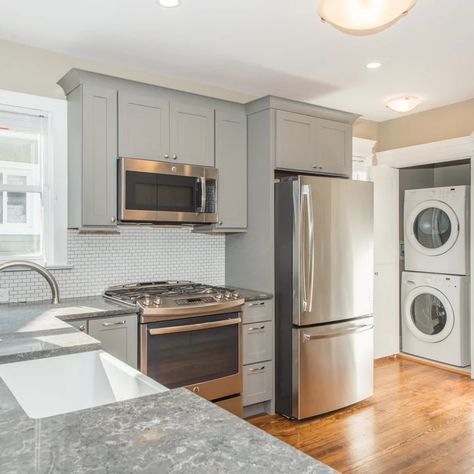 White Kitchen With Peninsula, Kitchen Peninsula Attached To Wall, Kitchens With Peninsulas, Small Kitchen With Peninsula, Small White Kitchen, Kitchen With Peninsula, Peninsula Kitchen, Small White Kitchens, Tall Fridge