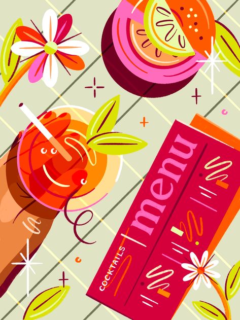 Happy Hour Illustration, Graphic Design Artists, Cocktail Color Palette, Alcohol Graphic Design, Cocktail Illustration Graphic Design, Illustration Styles Inspiration, Cocktail Graphic Design, Digital Illustration Inspiration, Cocktail Branding