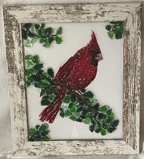 Handcrafted Glass Art Red Cardinal on Rustic Weathered Wood Frame Hand crushed glass Red Cardinal sitting on branch.   Resin added to make the piece  sparkle and for protection. *Made to order.  You will receive similar glass art piece of a cardinal with white frame.  *The white back is removeable to display with clear glass as a shelf sitter.   *Or leave the white back on, which has metal hanger, to hang on a wall. Size:  10 wide x 12 tall x 1 deep ~  ~   ~   ~ *IF YOU WANT TO PICK UP LOCALLY  PLEASE CONTACT ME BEFORE PURCHASING ON ETSY Local pick in Bloomingdale, Illinois or Algonquin, Illinois  ~  ~  ~  ~ I am a glass artist who enjoys creating various forms of art with crushed, clipped, fused, blown, and stained glass. I teach classes and have 2 booths where I sell my art pieces. Fused Glass Cardinal Pattern, Framed Resin Art, Christmas Resin Art, Glass Fusing Ideas, Shattered Glass Art, Shard Art, Glass Resin Art, Resin Canvas, Broken Glass Crafts