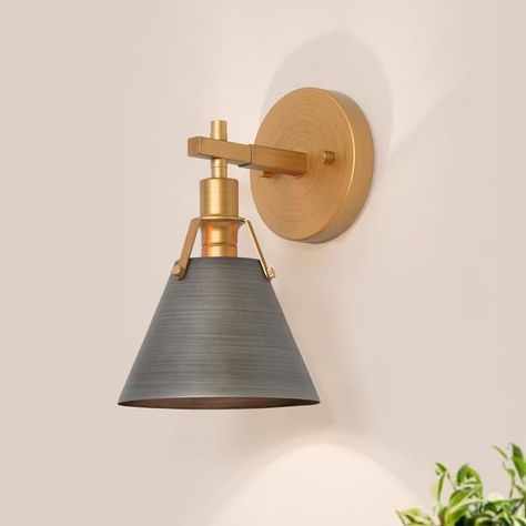 Modern 1-Light Gold Armed Wall Sconces Vanity Light for Bathroom Bedroom Hallway - D 7.5" x H 10" - On Sale - Bed Bath & Beyond - 32782989 Lodge Design Ideas, Lodge Design, Brass Vanity Light, Mid Century Light, Sink Lights, Wall Mount Sink, Vintage Wall Sconces, Practical Lighting, Bathroom Light