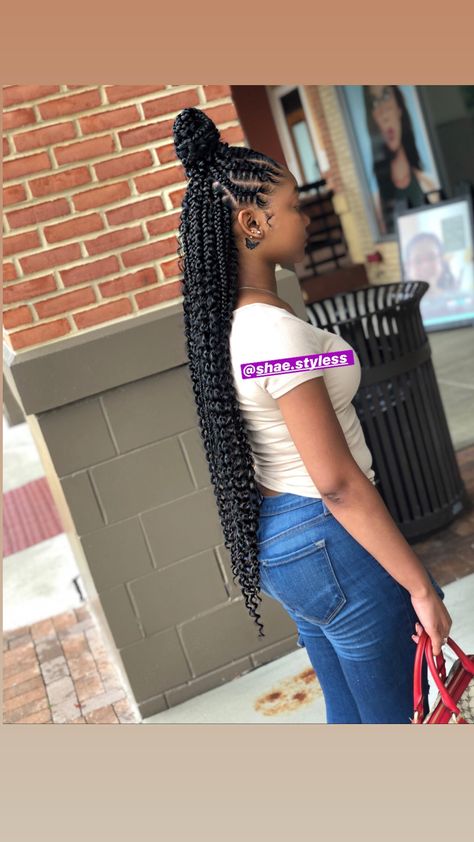 Half up, half down bohemian stitch braids. Feed In Braids Hairstyles, African Hair Braiding Styles, Braided Ponytail Hairstyles, Feed In Braid, Braids With Curls, Beautiful Braids, Girls Hairstyles Braids, Girls Braids, Cornrow Hairstyles