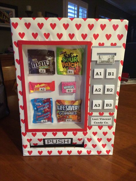 Valentine Vending machine💘 Diy Valentines Vending Machine, Valentines Day Box Ideas Vending Machine, Valentines Boxes For Kids School Vending Machine, Valentine’s Day Vending Machine, Valentines Day Vending Machine Boxes, Valentines Box Ideas For Teens, Pop Machine Valentines Boxes, Valentine Box Vending Machine, Valentine Vending Machine Box Ideas