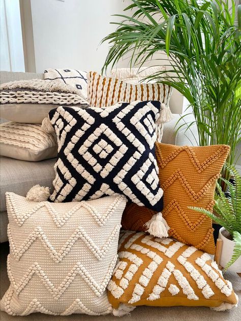 Beige Couch Pillows, Tufted Pillows, Carpet Store, Beige Couch, Aztec Decor, Colorful Apartment, Sage Green Bedroom, Flat Decor, Living Room Cushions