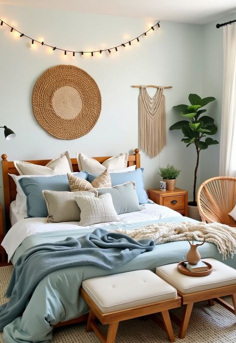 Light Blue Boho Bedroom Boho Chic Bedroom Blue, Blue And White Boho Bedroom, Teen Boho Bedroom, Blue Room Themes, Light Blue Boho Bedroom, Blue Boho Bedroom Ideas, Blue Boho Bedroom, Beachy Boho Bedroom, Light Blue Rooms