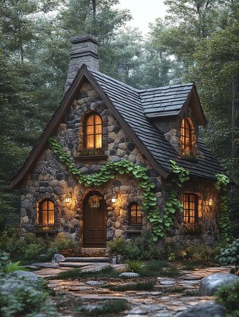 Tiny House Stone Cottage, Fairy Core House, Cottage Core House Aesthetic, Aesthetic Cottages, Cotswold Cottages, Small Stone Cottage, Victorian Punk, Fantasy Houses, Woods Design