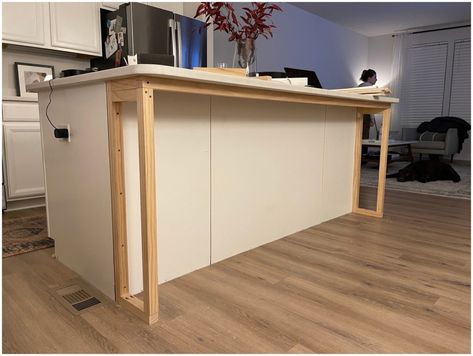 Extend Island Countertop Diy, Diy Kitchen Island End Panels, Beadboard Kitchen Island Diy, Wainscotting On Kitchen Island, Fyi Kitchen Island, Kitchen Island End Cap Ideas, Kitchen Island Supports, Kitchen Island Drywall Ideas, Drywall Island Makeover