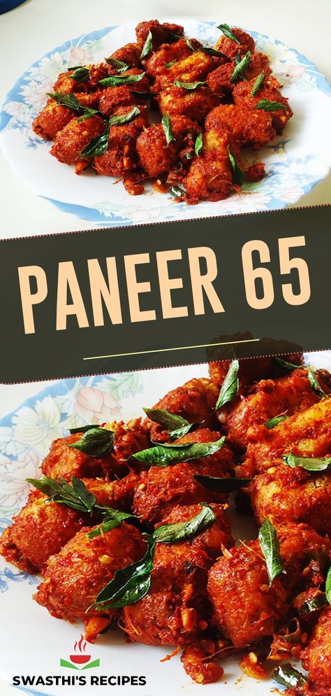 Paneer 65 fry - Crisp fried paneer chunks sautéed and seasoned in 65 masala. Paneer 65 is a delicious starter from Hyderabadi cuisine. Pan Fried Paneer, Chili Paneer Recipe Dry, Fried Paneer Recipes, Paneer Dry Recipes, Paneer 65 Recipe, Paneer Starter Recipes, Paneer Crispy, Paneer 65, Paneer Snacks